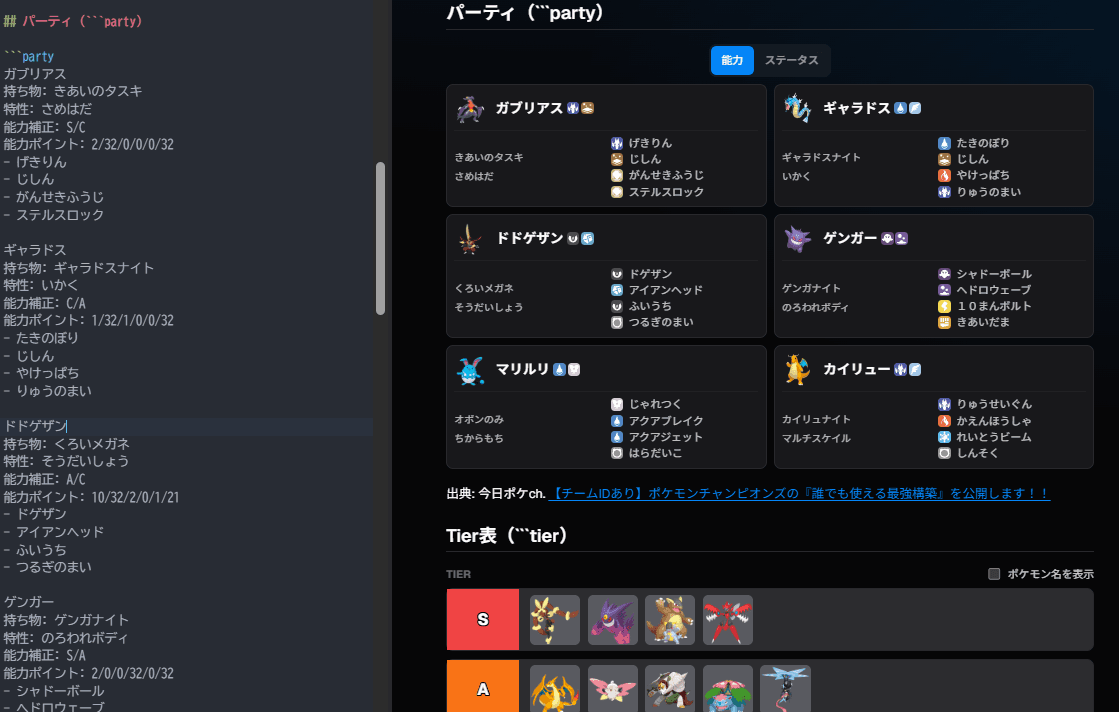エディタとプレビューの画面（スクリーンショット）
